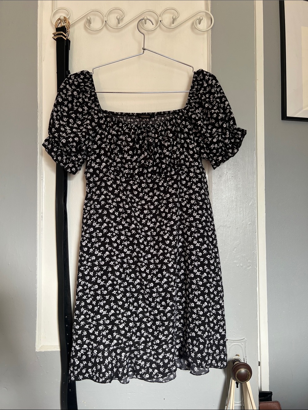 Black Floral Square-Neck Midi Dress with Puff Sleeves